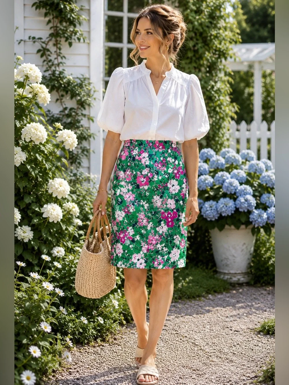 J.Crew Green Floral Pencil Skirt Cotton Stretch Pink White Print Size 6 Women’s